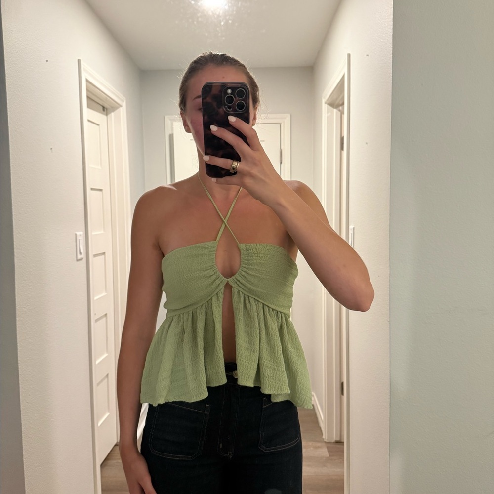 Light Green Crinkle Halter Peplum Top